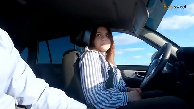 Russian girl succeeds in a driving test with the help of a blowjob and in a public place in the car