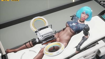 Alet, who looks like a young girl, dresses up as a paratrooper and engages in sexual activity with a drone on a spacecraft in a laboratorium